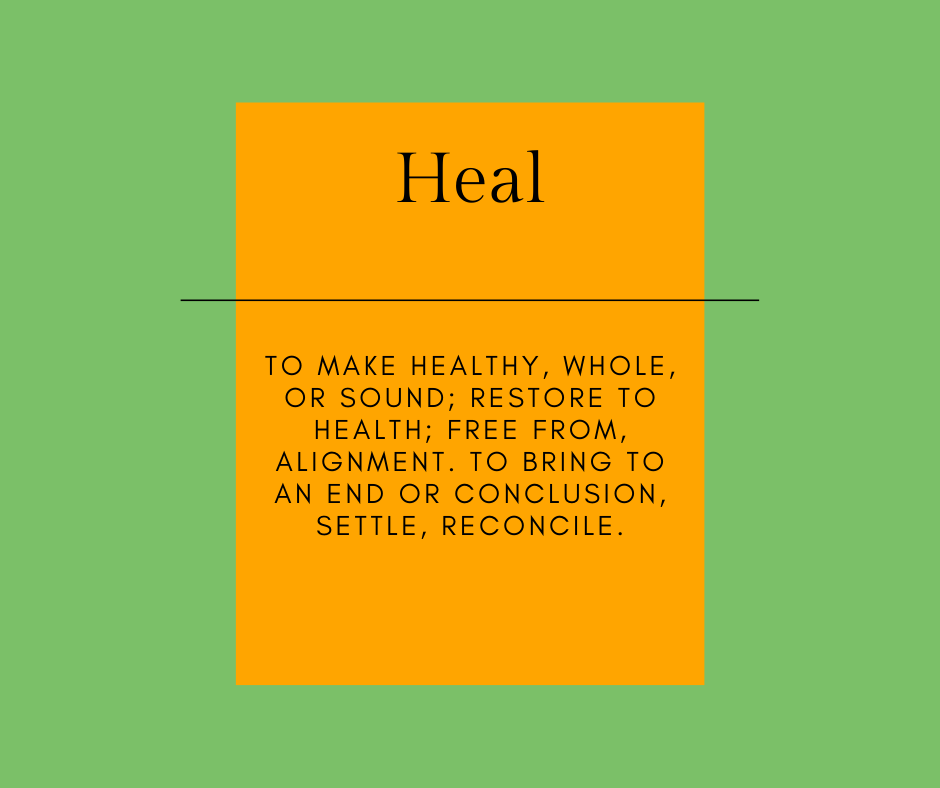 A green and yellow card with the word heal written in it.