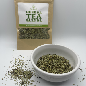 A bowl of tea and a bag of tea blend