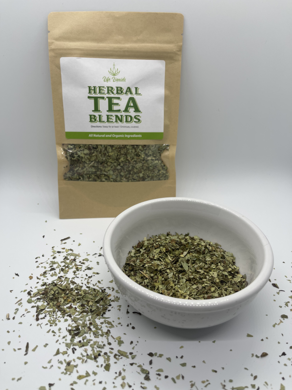 A bowl of tea and a bag of tea blend